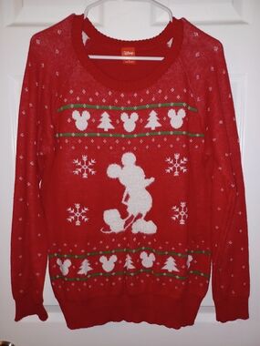 Disney Red and White Mickey Mouse Holiday Crewneck Sweater
